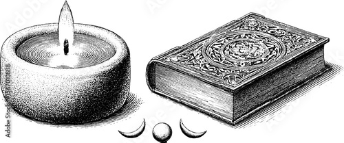 Vintage grimoire and candle with moon glyphs - engraved hand drawn design for mystical themes