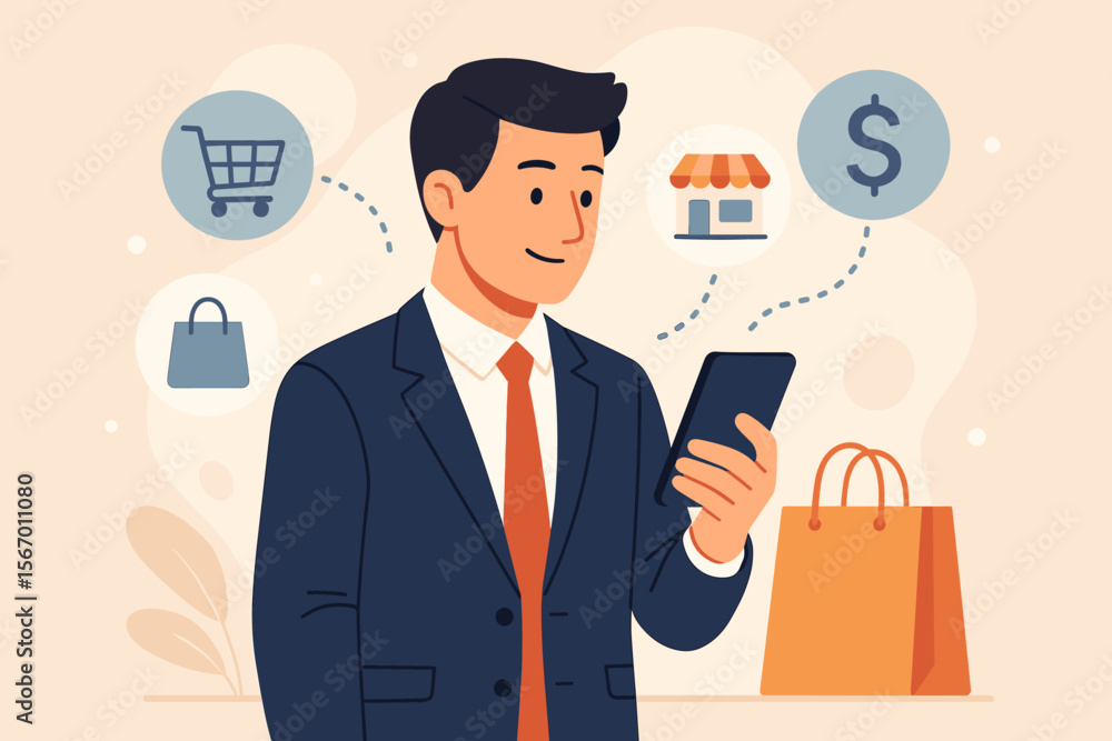E-commerce business concept. Businessman using smartphone for online shopping and purchase. Mobile app for internet store, digital marketing and payment. Vector illustration. E-commerce business concept. Businessman using smartphone for online shopping and purchase. Mobile app for internet store, digital marketing and payment. Vector illustration.
