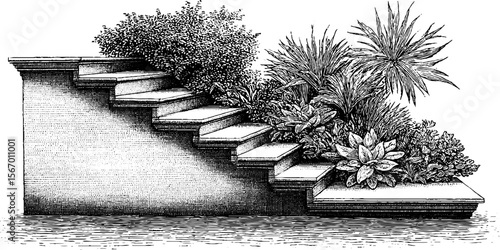 Vintage hand drawn staircase with lush plants and flooded courtyard scene