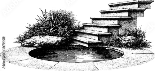 Vintage courtyard scene: waterworn staircase and flooded steps for retro design