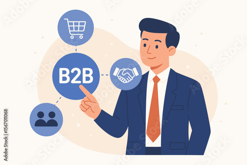 B2B marketing concept, business to business sales strategy. Businessman pointing at icons for e-commerce, collaboration, partnership and client networking. Vector illustration.