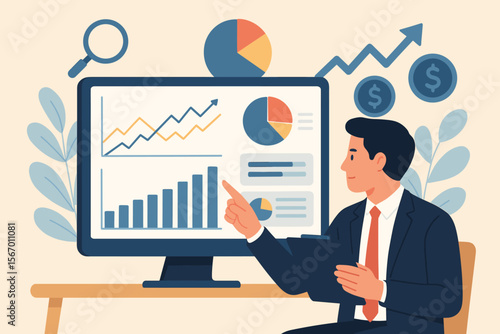 Businessman analyzing financial data on computer screen. Business data analytics, market research concept. Dashboard with graphs and charts for investment planning and strategy.