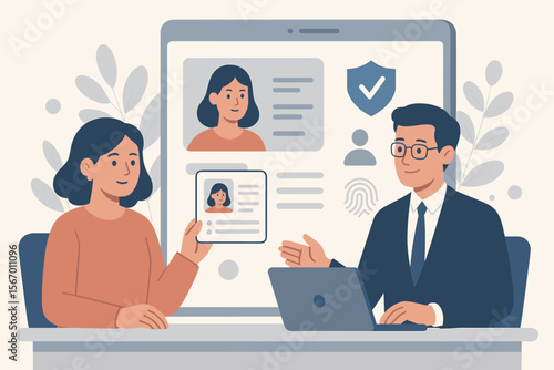 Know Your Customer (KYC) process concept. Bank employee verifies client's identity with an ID card. Financial authentication, AML compliance, and secure data onboarding. Flat vector illustration.