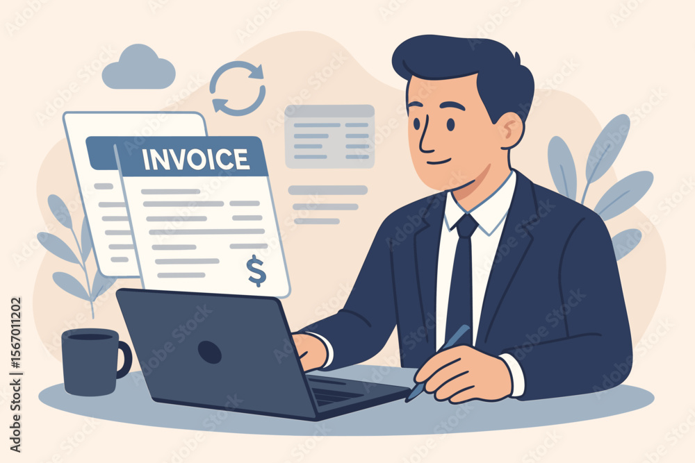 E-invoice concept with a businessman managing digital statements on a laptop. Online billing, electronic invoice, and financial payment system for accounting and tax. Flat vector illustration. E-invoice concept with a businessman managing digital statements on a laptop. Online billing, electronic invoice, and financial payment system for accounting and tax. Flat vector illustration.
