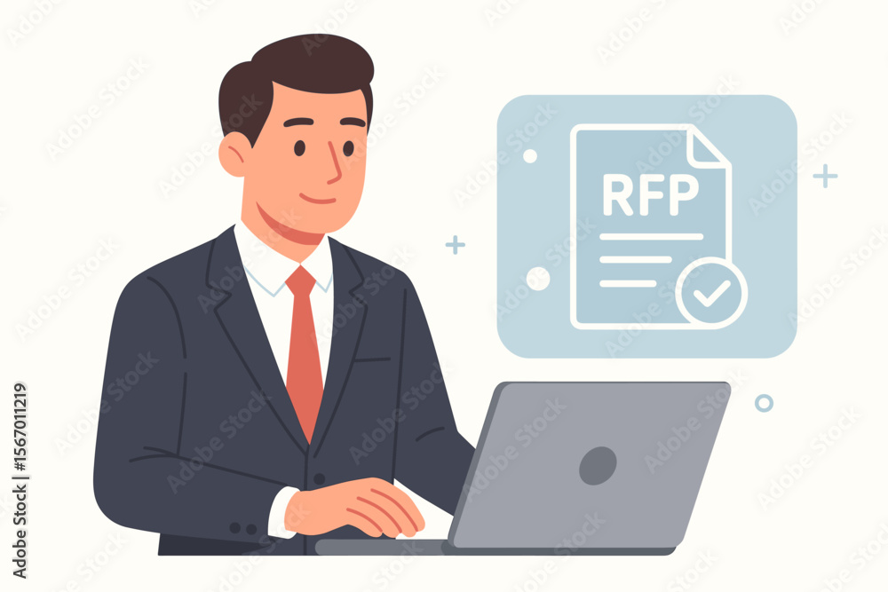 RFP Request for Proposal concept. Businessman at desk using laptop to submit tender document for a project. Corporate procurement, bidding process, contract agreement illustration. RFP Request for Proposal concept. Businessman at desk using laptop to submit tender document for a project. Corporate procurement, bidding process, contract agreement illustration.
