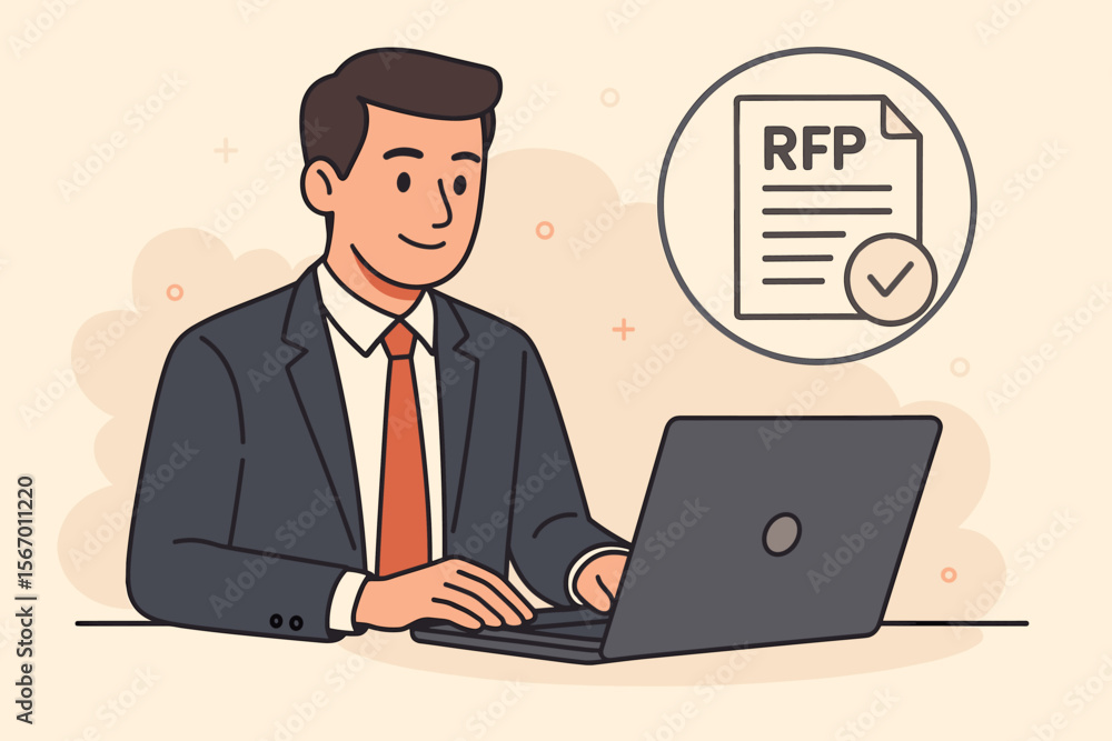 Request for Proposal RFP concept. Businessman working on laptop writing a business tender document. Procurement, bidding process, and contract agreement flat vector illustration. Request for Proposal RFP concept. Businessman working on laptop writing a business tender document. Procurement, bidding process, and contract agreement flat vector illustration.