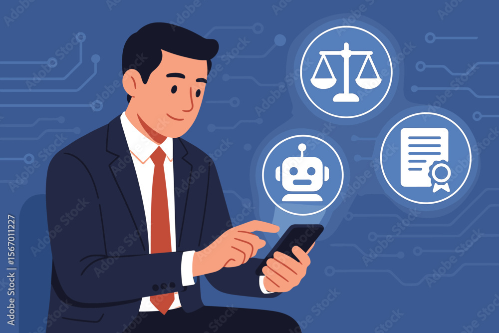 AI law and justice concept. Developing artificial intelligence codes of ethics. Compliance, regulation, standards and business policy. Businessman managing legal tech on smartphone. AI law and justice concept. Developing artificial intelligence codes of ethics. Compliance, regulation, standards and business policy. Businessman managing legal tech on smartphone.