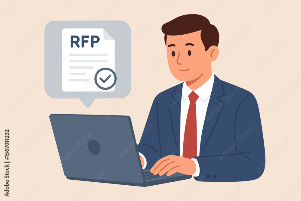 RFP concept, Request for Proposal. Businessman working on laptop with approved document icon. Business tender, procurement process, bidding and contract agreement concept vector. RFP concept, Request for Proposal. Businessman working on laptop with approved document icon. Business tender, procurement process, bidding and contract agreement concept vector.