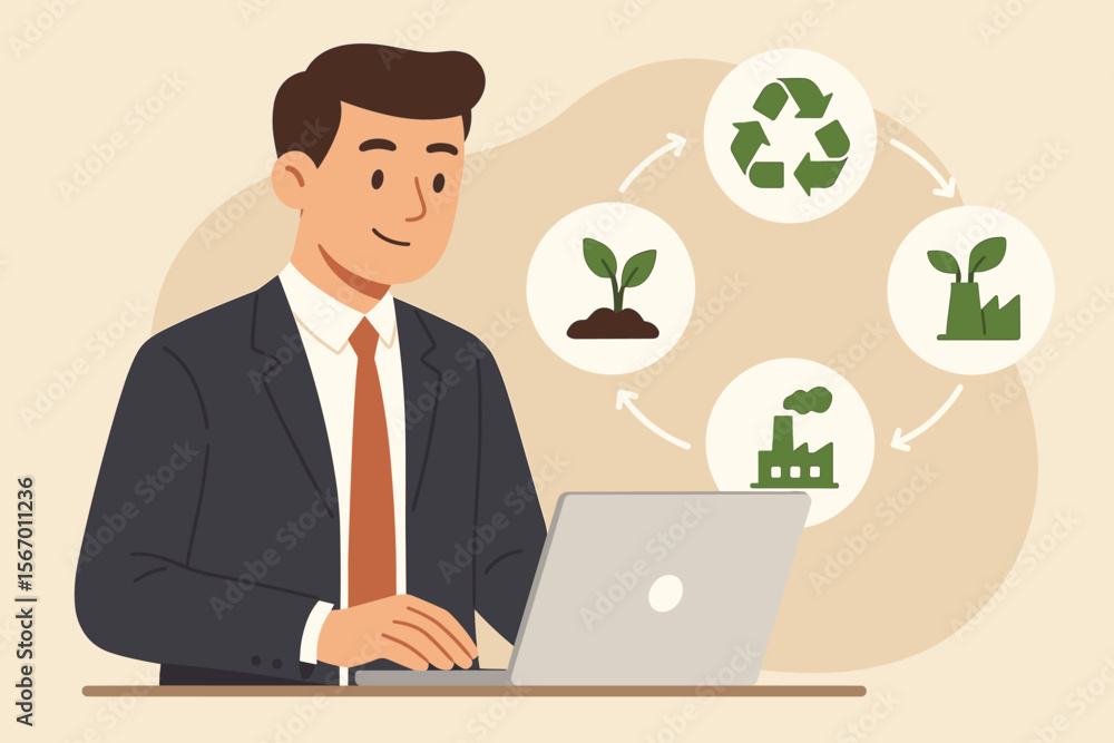 Life Cycle Assessment (LCA) concept. Businessman using a laptop for environmental impact analysis. Product sustainability, circular economy, process management, and green industry icons. Life Cycle Assessment (LCA) concept. Businessman using a laptop for environmental impact analysis. Product sustainability, circular economy, process management, and green industry icons.