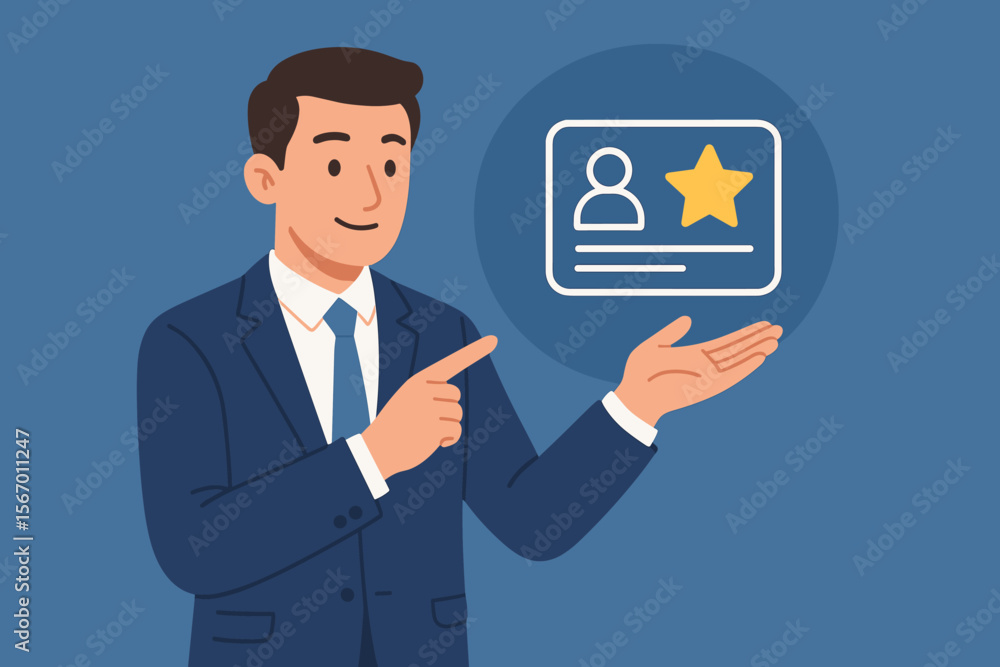 Loyalty program concept for customer engagement and retention. Businessman presents a virtual membership card icon with a star. Marketing strategy for VIP client rewards and bonus. Loyalty program concept for customer engagement and retention. Businessman presents a virtual membership card icon with a star. Marketing strategy for VIP client rewards and bonus.