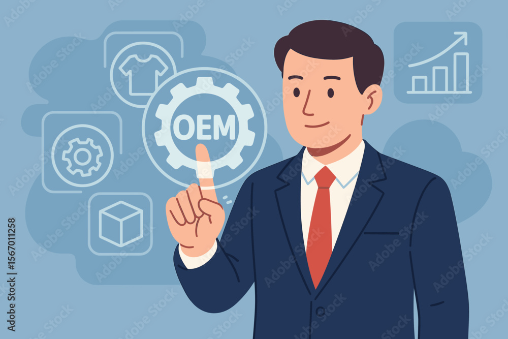 OEM Original Equipment Manufacturer concept with a businessman touching a virtual screen. Manager planning product and brand production strategy for business growth and manufacturing. OEM Original Equipment Manufacturer concept with a businessman touching a virtual screen. Manager planning product and brand production strategy for business growth and manufacturing.