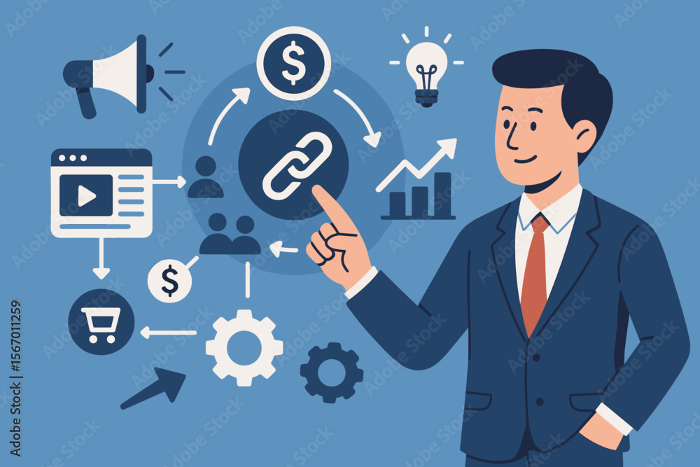 Businessman presenting a digital marketing workflow. Concept of online advertising strategy, SEO, content creation, sales funnel, and business analytics for growth. Flat vector illustration. Businessman presenting a digital marketing workflow. Concept of online advertising strategy, SEO, content creation, sales funnel, and business analytics for growth. Flat vector illustration.