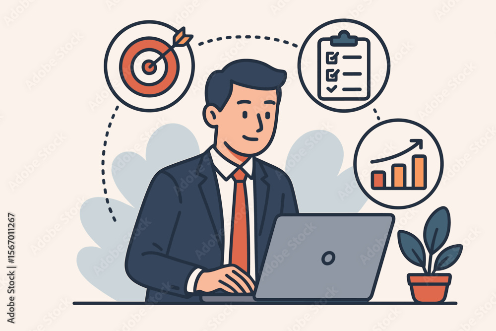 OKR Objectives Key Results concept. Businessman working on laptop with target, checklist, and growth graph icons. Business goal setting, strategy, performance tracking, achievement. OKR Objectives Key Results concept. Businessman working on laptop with target, checklist, and growth graph icons. Business goal setting, strategy, performance tracking, achievement.