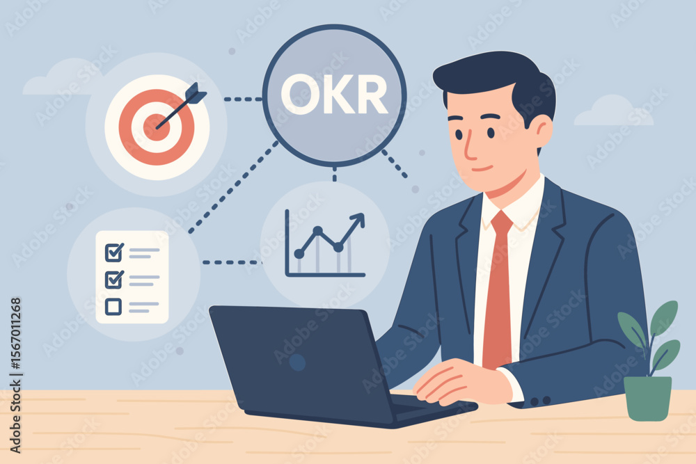 OKR Objectives and Key Results concept. Businessman at desk with laptop setting goals. Business strategy, performance tracking and measuring success with target, graph and checklist icons. OKR Objectives and Key Results concept. Businessman at desk with laptop setting goals. Business strategy, performance tracking and measuring success with target, graph and checklist icons.