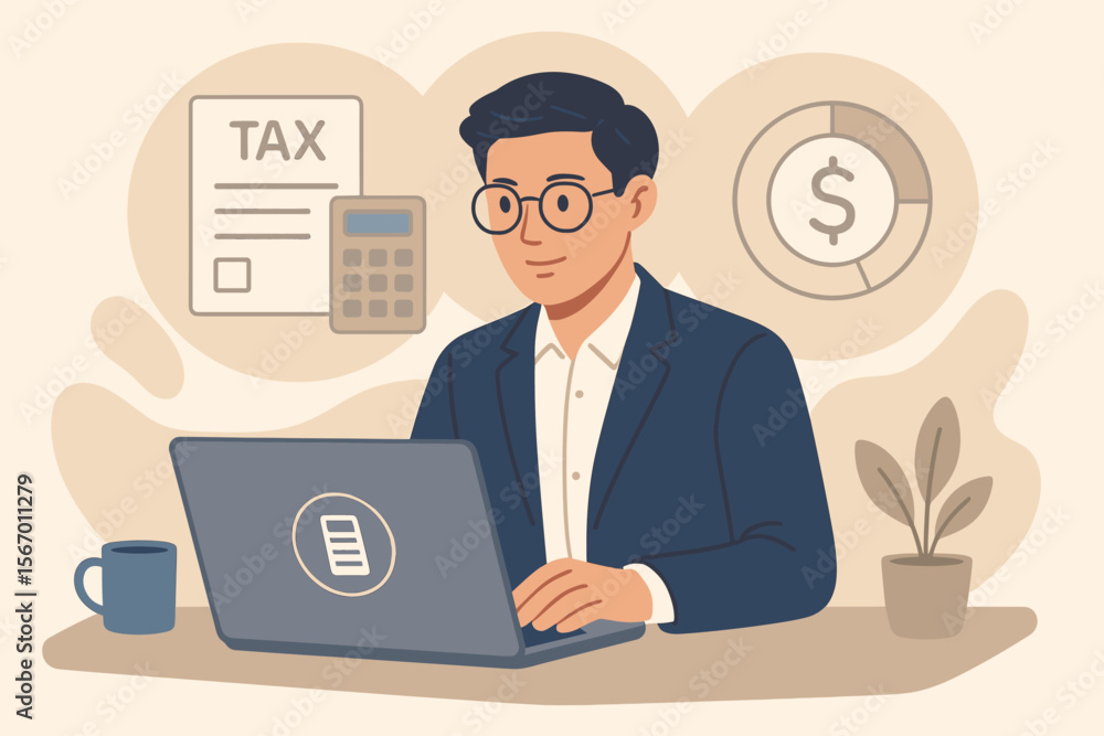 Online tax payment and financial accounting concept. Businessman filing income tax return on a laptop. Man calculating taxes for personal account. E-filing and digital audit service. Online tax payment and financial accounting concept. Businessman filing income tax return on a laptop. Man calculating taxes for personal account. E-filing and digital audit service.