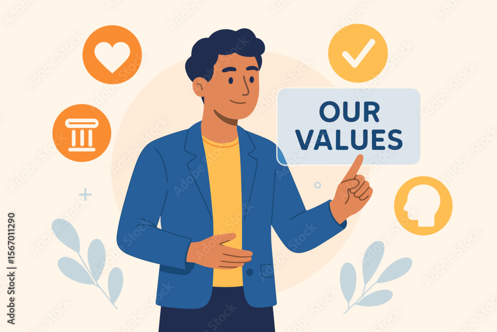 Our Values concept with a person pointing to core principles. Company culture, business ethics, mission and vision. Vector illustration of corporate beliefs and behaviors. Our Values concept with a person pointing to core principles. Company culture, business ethics, mission and vision. Vector illustration of corporate beliefs and behaviors.