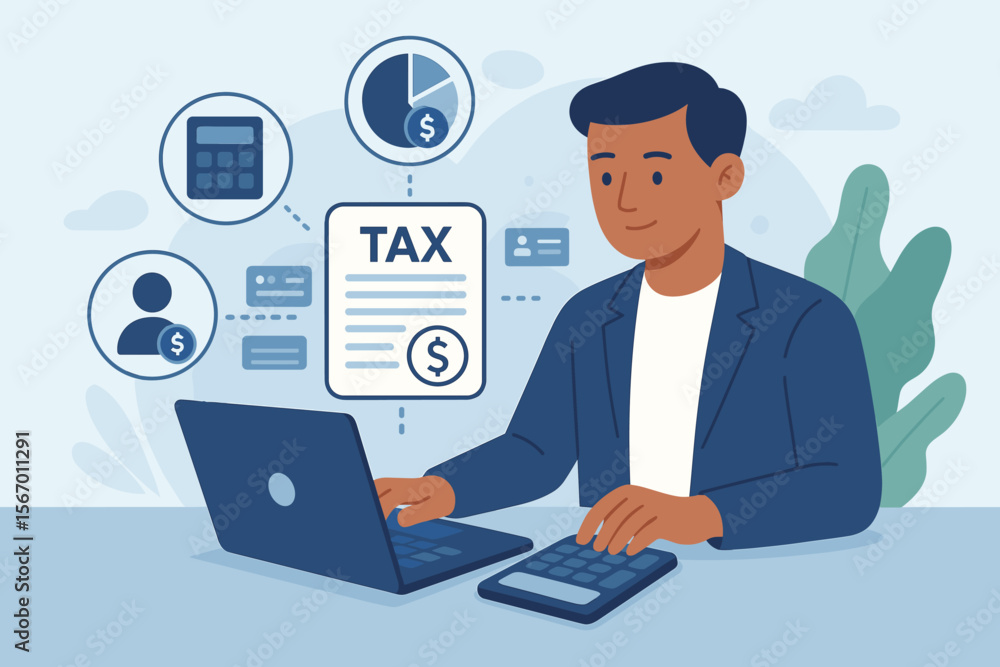 Online tax payment concept with businessman filing income tax return on a laptop. Accountant calculating finances and managing personal account. E-filing and digital accounting service vector. Online tax payment concept with businessman filing income tax return on a laptop. Accountant calculating finances and managing personal account. E-filing and digital accounting service vector.