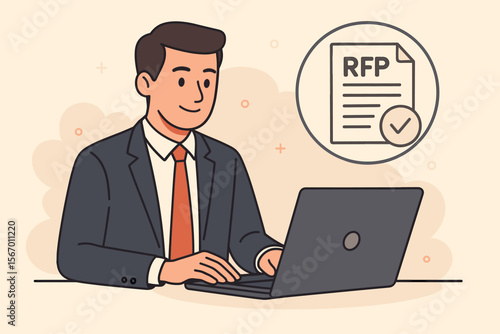 Request for Proposal RFP concept. Businessman working on laptop writing a business tender document. Procurement, bidding process, and contract agreement flat vector illustration.