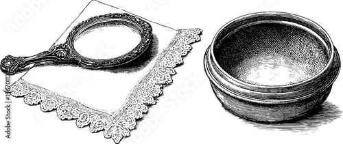 Vintage vanity set with hand mirror and lace-edged cloth for elegant home décor