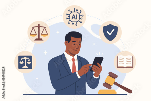 Justice and law concept for AI ethics. Businessman developing artificial intelligence policy. Compliance, regulation, standards and legal framework for technology. Vector illustration.
