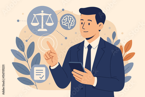 AI law and ethics concept. Businessman managing artificial intelligence regulations, legal frameworks, and compliance policy. Digital justice, corporate governance and tech standards.