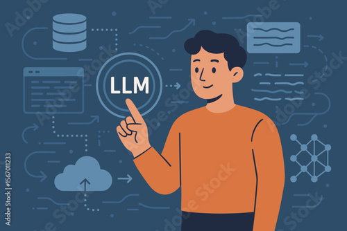 AI large language model LLM technology concept. Man using virtual screen for generative AI, natural language processing, data mining, and big data analysis from a cloud database.