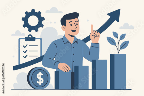 Business growth and financial success concept. Man with growing bar chart and arrow up. Lean cost management, productivity increase, investment strategy and planning vector cartoon.