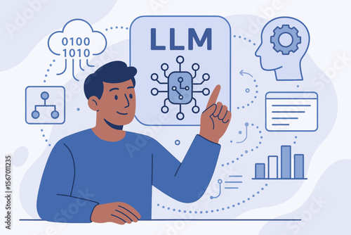 LLM large language model concept with user interacting with virtual interface. Artificial intelligence, generative AI, big data analysis, cloud computing and machine learning illustration.