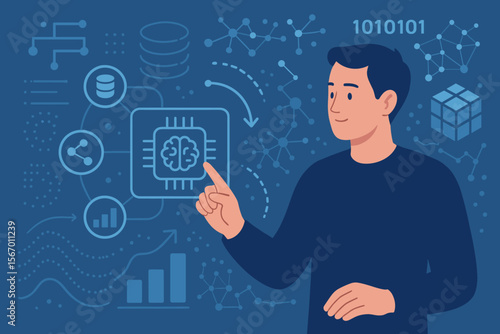 AI large language model concept with a person interacting with a virtual interface. LLM technology for big data, data mining, machine learning, and generative AI. Neural network.