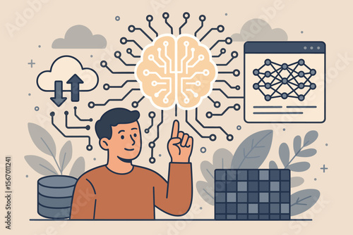 Generative AI and Large Language Model concept. A man works with a virtual neural network, big data, and cloud computing. LLM, machine learning, and data mining technology illustration.