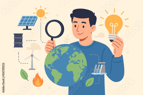 Man analyzes global energy consumption with a magnifying glass. Ecology concept with renewable energy sources like solar, wind, and hydro versus non-renewable fossil fuels. Sustainable idea.