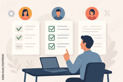 Vendor selection process concept. Manager at computer comparing supplier offers and choosing the best company. HR manager recruiting, making a hiring decision. Business choice. Vector.