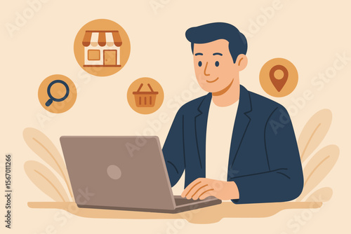 Local marketplace and e-commerce concept. Man using laptop for local SEO strategy and search optimization to promote small business. Digital marketing for retail vector illustration.