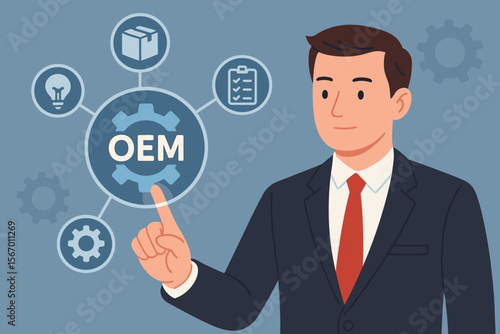 OEM Original Equipment Manufacturer concept. Businessman touching a virtual screen interface. Icons for product strategy, planning, manufacturing process, and brand development.
