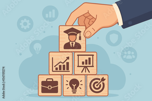 MBA, Master of Business Administration concept. Hand building a career pyramid with wooden blocks. Skill development, business management, and corporate leadership education. Flat vector.