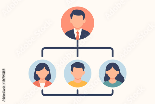 Organizational structure and business hierarchy concept. Company chart with a manager, leader, or boss and team of employees. Corporate management, workflow, and human resources.