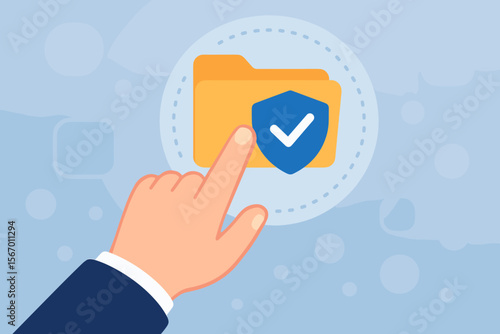 Cybersecurity and data protection concept. Hand touching secure folder with shield icon on virtual screen. Information privacy, file safety, and confidential document management.
