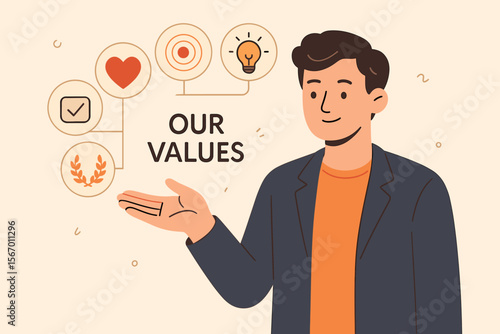 Our Values concept with a businessman presenting core principles. Company culture, business ethics, and mission icon set. Corporate strategy, vision, and beliefs infographic vector.