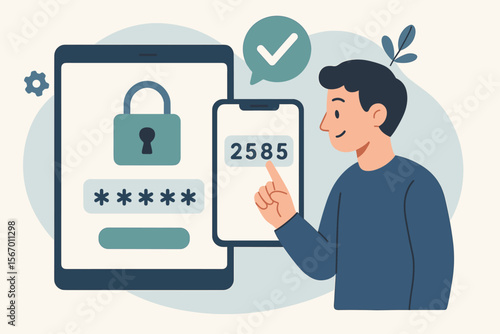 Two factor authentication concept with user entering verification code from phone. Secure login with password on tablet. Multi-factor authentication, cybersecurity, data protection vector.