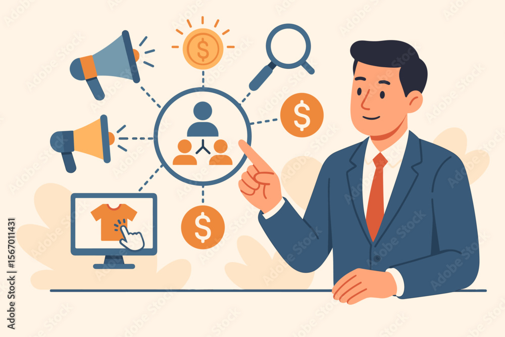 Affiliate marketing vector concept. Businessman explains a digital strategy for online business. Referral program with network, promotion, sales, and commission icons for passive income. Affiliate marketing vector concept. Businessman explains a digital strategy for online business. Referral program with network, promotion, sales, and commission icons for passive income.