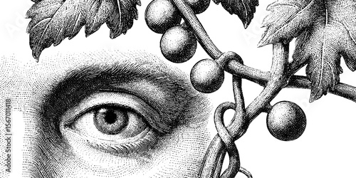 Vintage eye and vine engraving with ghostly theme for artwork and design