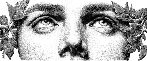 Vintage hand-drawn engraving of split head with ghostly eye and vaporous vine elements