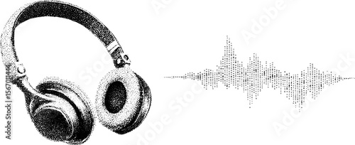 Vintage headphones with sound wave and music note illustration for retro music themes