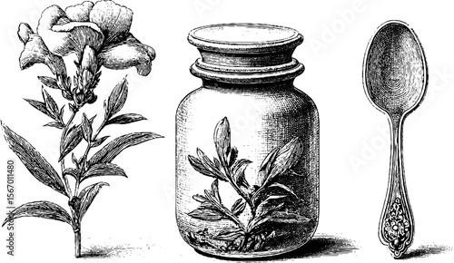 Vintage herbal jar with dried flower and spoon sketch - retro illustration design