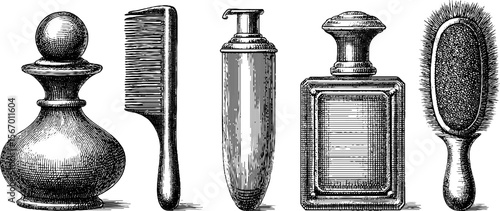 Vintage engraved set of horsehair brush, ivory comb, and perfume bottles for retro design