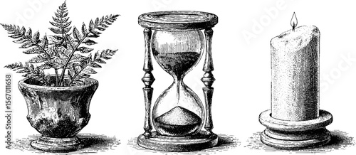 Vintage engraved set of hourglass, fern frond in pot, and candle stub for retro design