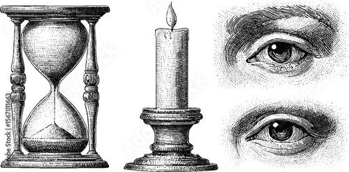 Vintage hand drawn hourglass, candle, and eye sketch for retro design
