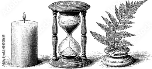 Vintage hand drawn hourglass, fern frond, and candle stub for retro decor design