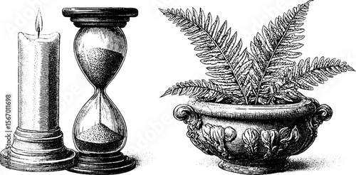 Vintage hourglass, fern frond, and candle stub silhouette for retro design