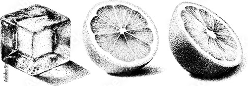 Vintage lemon slice and ice cube with soda fizz - hand drawn retro engraving for beverage design